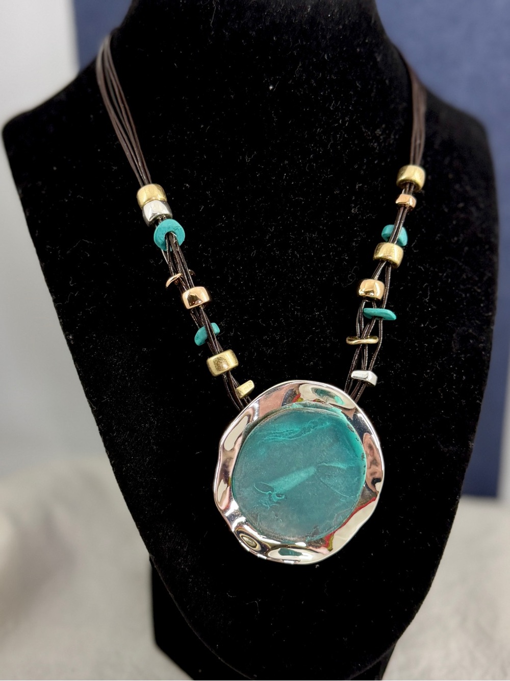 ROBERT LEE MORRIS RLM Studio Brown Cord Silver Turquoise Pendant Necklace